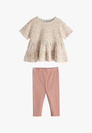 Floral kurzärmliges Peplum-Top mit geraffter Taille, kombiniert mit hellrosa gerippten Leggings in voller Länge für Kleinkindmädchen.