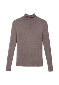 Maglietta a maniche lunghe color marrone con collo alto, realizzata in un tessuto a maglia texturizzato, presenta una silhouette aderente e un design con colletto alto.