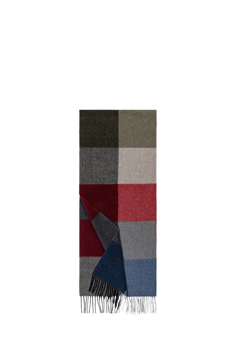 Woolen scarf with a patchwork design in dark green, gray, red, and blue. Features fringed ends and a soft, textured finish.