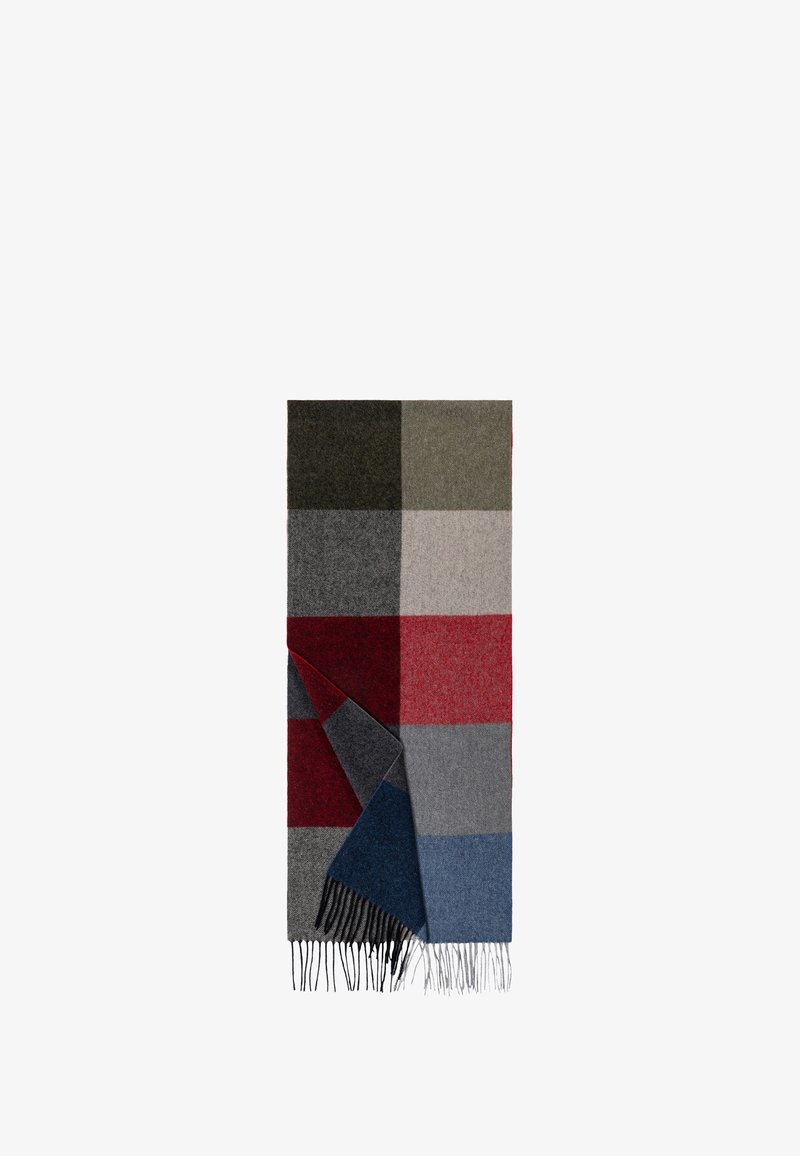 Woolen scarf with a patchwork design in dark green, gray, red, and blue. Features fringed ends and a soft, textured finish.