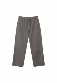 Housut harmaita rentoja, joissa on joustava vyötärö ja naru, sisältäen kaksi suurta etutaskua, asetettu tasaisesti.