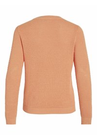 Pull en tricot pêche à manches longues avec motif texturé, poignets, ourlet et encolure côtelés, vu de dos.