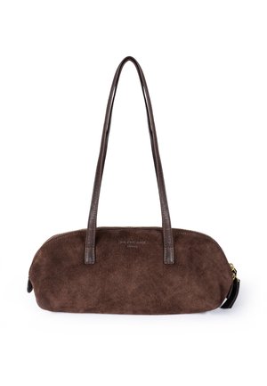 Small brown suede handbag with long dark brown leather handles and a top zipper closure.