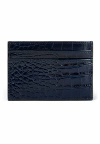 Porta carte in pelle blu navy con motivo a coccodrillo testurizzato, sei scomparti per le carte e bordi lisci per un design elegante.