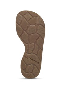 Hnědá gumová podrážka s texturovaným vzorem, obsahující různé tvary a drážky pro lepší přilnavost. Značka "NATURINO" je vyražena. Velikost 20.