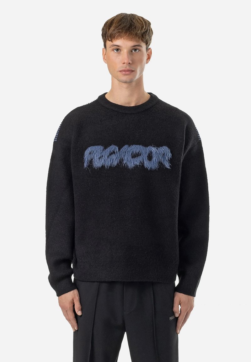 Sweater preto com letras azuis felpudas "RACCOON", decote redondo, mangas longas e detalhes texturizados nos ombros. Acabamento simples em preto.