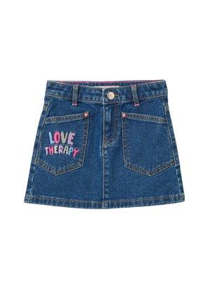 Jupe en denim, bleu clair, design ajusté. Équipée de deux poches arrière avec du texte brodé "LOVE THERAPY" dans des couleurs pastel. Fermeture par bouton.