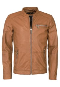 Brown leren jas met een rits aan de voorkant, een staande kraag en twee zijzakken. Beschikt over een kleine borstzak en een gladde textuur.