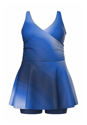 Blaues Einteiler-Badeoutfit mit V-Ausschnitt, ärmellosen Trägern, ausgestelltem Rock und darunter angebrachter, enganliegender Shorts.