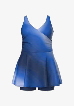 Blaues Einteiler-Badeoutfit mit V-Ausschnitt, ärmellosen Trägern, ausgestelltem Rock und darunter angebrachter, enganliegender Shorts.