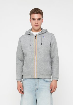 Young man wearing a grey zip-up hoodie with a multicolor striped zipper and light blue jeans, standing against a plain white background.