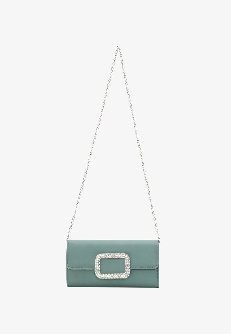 Türkisfarbene Leder-Clutch mit silberner Kettenriemen, featuring eine rechteckige, mit Kristallen verzierte Schnalle auf der Vorderseite und einer glatten Textur.