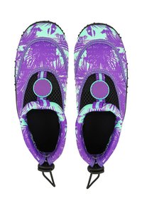 Paarse waterschoenen met een tropisch palmpatroon en mintaccenten. Ze hebben een mesh ontwerp, rubberen zool en treklabels voor gemakkelijk aandoen.