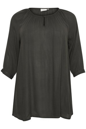 Blouse gris foncé à coupe décontractée, présentant un col rond, des manches trois-quarts et un détail en trou de serrure à l'avant. Texture lisse.