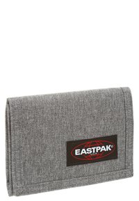 Grijs stoffen portemonnee met een gestructureerd oppervlak, voorzien van een zwart Eastpak-logo patch. Vouwontwerp met afgeronde randen, eenvoudig en compact.