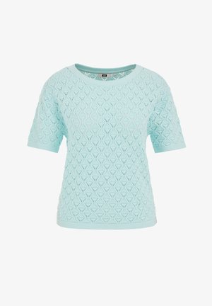 Top de punto de manga corta en azul claro con un patrón texturizado de encaje ondulado y cuello redondo.