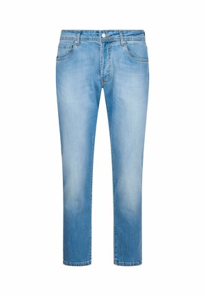 Jean denim bleu clair coupe slim avec poches avant, passants pour ceinture, fermeture par bouton et légère décoloration sur les cuisses et les genoux.