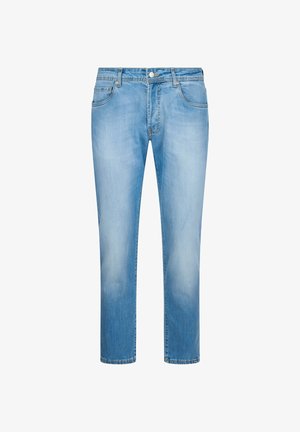 Jean denim bleu clair coupe slim avec poches avant, passants pour ceinture, fermeture par bouton et légère décoloration sur les cuisses et les genoux.