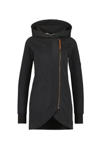 Sudadera con cremallera negra, con una capucha grande, dobladillo asimétrico, puños acanalados y un tirador de cremallera de cuero marrón. Fabricada en un tejido suave y texturizado.