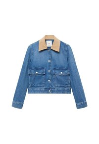 Cropped denim jacket in light blue with a tan corduroy collar, silver snap buttons, and two front pockets. Smooth texture, classic design.