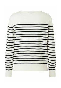 weißer Pullover mit schwarzen horizontalen Streifen, rundem Ausschnitt, langen Ärmeln sowie gerippten Bündchen und Saum. Weicher Stoff, lässiges Design.