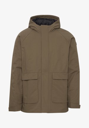 Hnedá nepremokavá bunda s kapucňou, dvoma prednými vreckami a hladkým povrchom. Obsahuje zips a raglánové rukávy pre pohodlný pohyb.