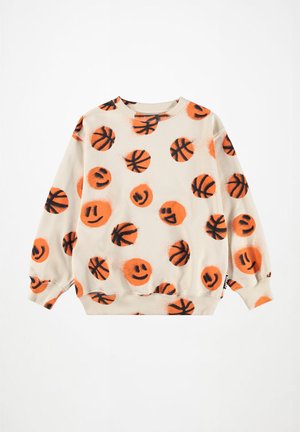 Světle béžová mikina s oranžovými basketbalovými míči a usměvavými tvářičkami. Hranaté manžety a lem, měkká textura, volný střih.