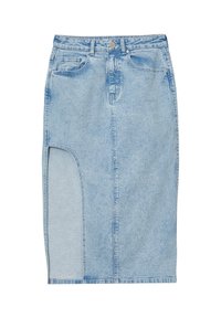 Jupe en denim bleu clair avec une poche zippée et un design distinctif à panneau ouvert sur le côté gauche, mettant en avant un tissu lisse et contrasté.