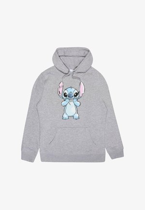 Felpa grigia con tasca a marsupio frontale, decorata con un personaggio dei cartoni animati con grandi occhi e orecchie stampato sul petto. Materiale morbido in pile.