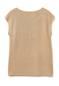 Béžový top s krátkým rukávem vyrobený z měkké, texturované tkaniny, s kulatým výstřihem a volným střihem. Bez viditelných vzorů nebo ozdob.