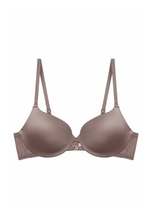 Molded underwire bra in soft taupe satin. Adjustable straps and hook closure feature a small heart-shaped accent in the center.