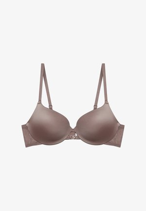 Gepolsterter Unterwire-BH aus weichem taupefarbenen Satin. Verstellbare Träger und Hakenverschluss mit einem kleinen herzförmigen Akzent in der Mitte.