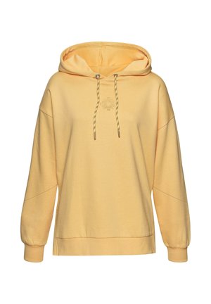 Gelbe Kapuzenjacke mit lässiger Passform. Verfügt über gerippte Bündchen, ein Logo-Detail auf der Vorderseite und Kordelzüge mit Metallspitzen. Weicher Stofftextur.