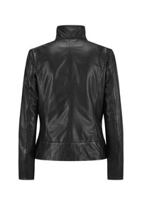 Schwarze Lederjacke mit hohem Kragen, taillierter Passform, Rückennähten und glatter Textur. Keine sichtbaren Beschläge oder Verzierungen.