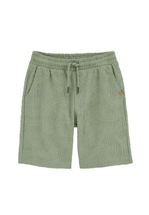 Hellgrüne Shorts aus strukturiertem Stoff mit elastischem Bund, Kordelzug, Seitentaschen und einem kleinen Leder-Logo-Patch auf der rechten Seite.