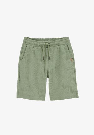 Kratke hlače iz svetlo zelene teksturirane tkanine z elastičnim pasom, vezalko, stranskimi žepi in majhno usnjeno značko z logotipom na desni strani.