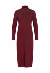 Ilgas rankovėmis vyno raudonos spalvos suknelė su aukštu apykaklės kaklu, tiesia silueto linija ir centrale siūle priekyje. Pagaminta iš lygios medžiagos.