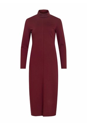 Langärmeliges Burgunderkleid mit hohem Ausschnitt, geradem Schnitt und einer zentralen Naht, die vorn verläuft. Hergestellt aus glattem Stoff.