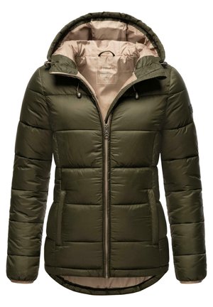 Olijfgroen pufferjack met capuchon, ritssluiting en beige binnenkant. Heeft gestikte panelen en elastische manchetten voor isolatie.