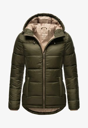 Olivenfarvet pufferjakke med hætte, lynlås og beige inderside. Har syede paneler og elastiske manchetter for isolering.