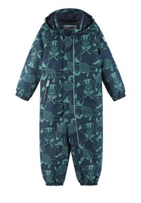 Námornícky modrý overal s vzorom zeleného líšky, má elastické manžety, kapucňu a bočný zips pre jednoduché obliekanie. Nepremokavý materiál.