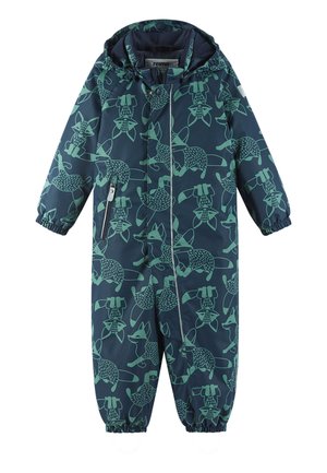 Tutina blu navy con motivi di volpe verdi, presenta polsini elasticizzati, cappuccio e zip laterale per una facile vestibilità. Materiale impermeabile.