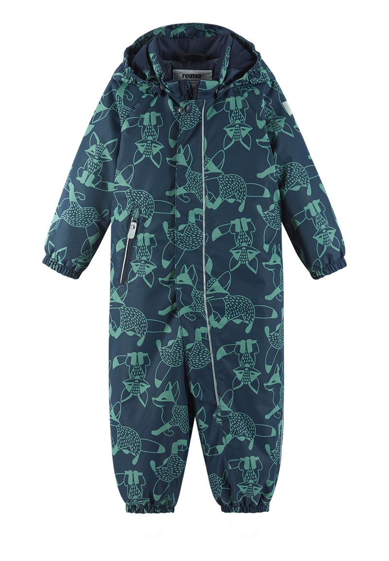 Námornícky modrý overal s vzorom zeleného líšky, má elastické manžety, kapucňu a bočný zips pre jednoduché obliekanie. Nepremokavý materiál.