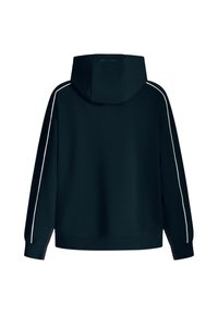 Sudadera con capucha en un azul marino oscuro con franjas laterales blancas. Presenta un ajuste relajado, mangas largas y una textura suave. Logo de la marca en la parte trasera.