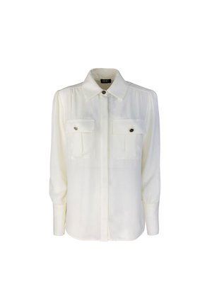 Camicia bianca a maniche lunghe con chiusura a bottoni, due taschini sul petto e colletto arrotondato. Realizzata in tessuto leggero e morbido.
