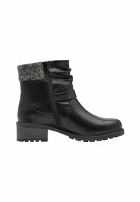 Black ankle boot with synthetic leather, textured gray cuff, side zipper, and a chunky block heel. Treaded sole for better grip.