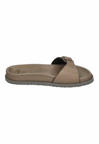 Sandal in suede marrone con una sola fascia larga, punta arrotondata e suola textured. Realizzato in materiale sintetico con una finitura liscia.