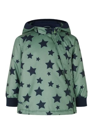 Veste à capuche verte pour enfants avec motif étoile noire, fermeture éclair frontale asymétrique et poignets côtelés.