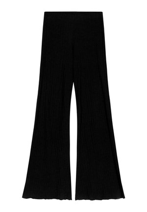 Pantaloni neri a gamba larga realizzati in tessuto a costine. Presentano una vita alta e un fondo svasato, che offrono una silhouette fluida.