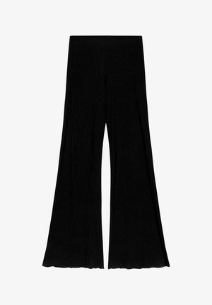 Black, wide-leg pants made of ribbed fabric. Features a high waist and flared bottom, providing a flowing silhouette.